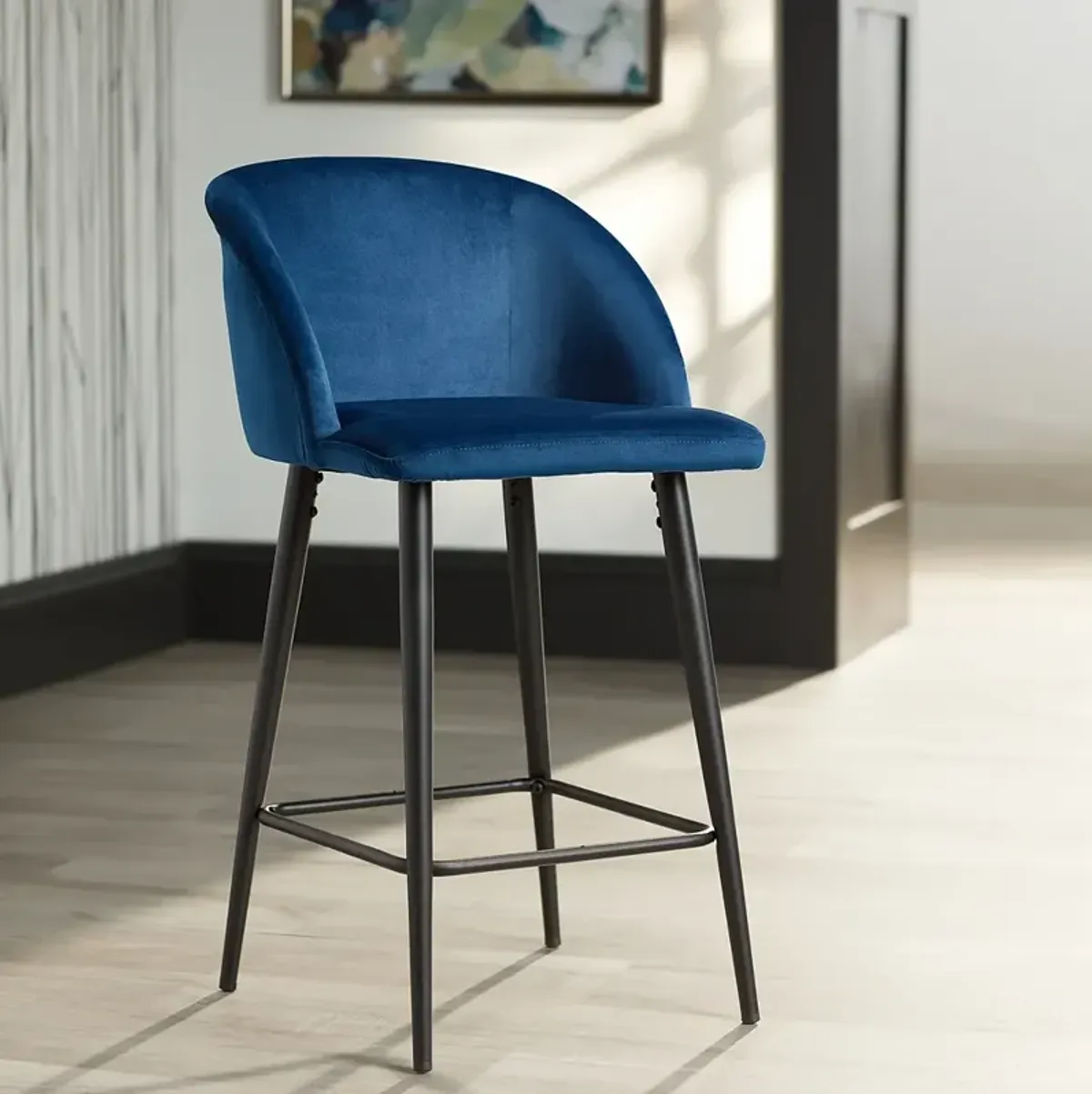 55 Downing Street Nigel 29" Modern Blue Velvet Luxe Barstool