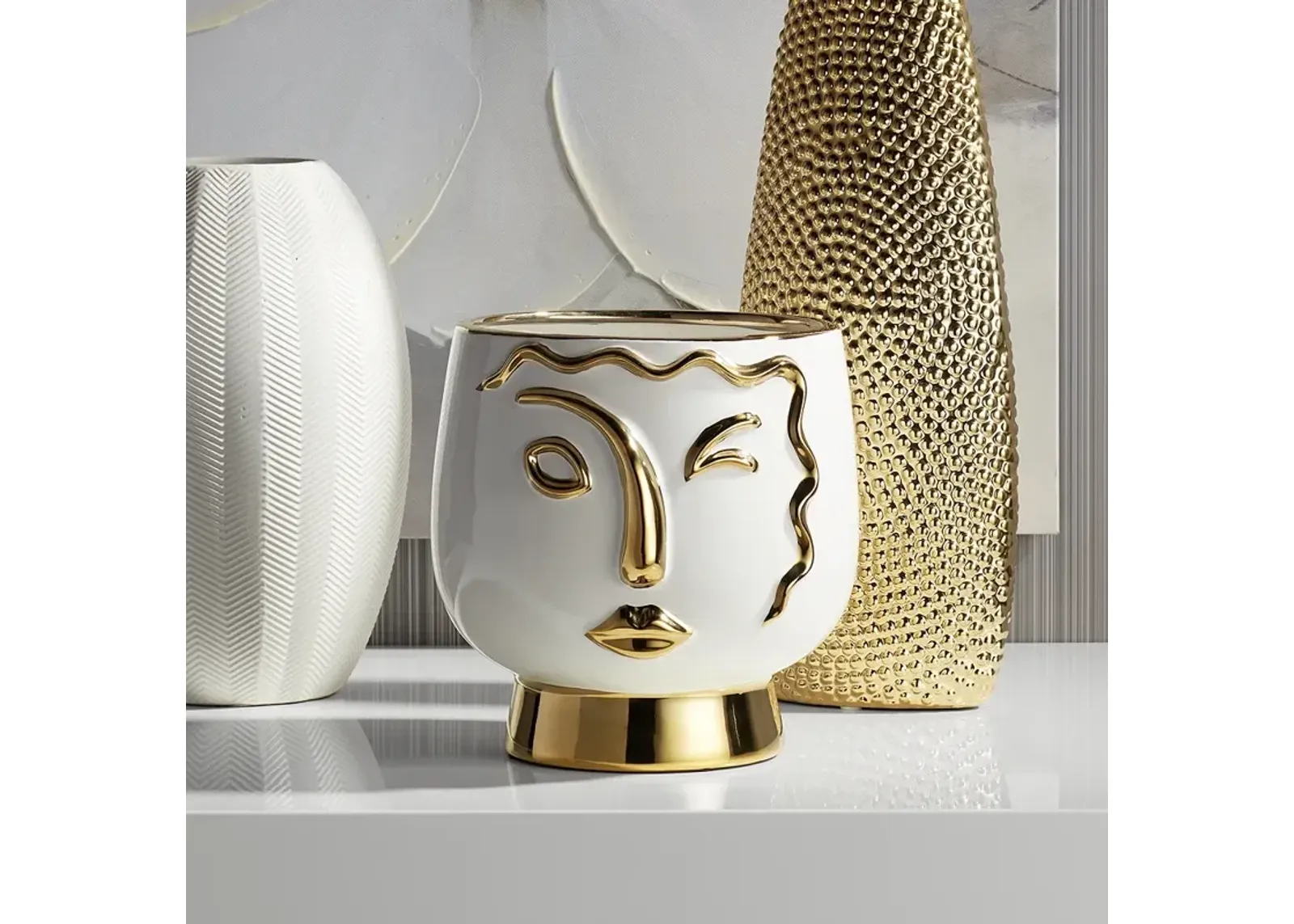 Modern Face Wink 8" High Gold and White Ceramic Vase