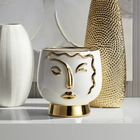 Modern Face Wink 8" High Gold and White Ceramic Vase