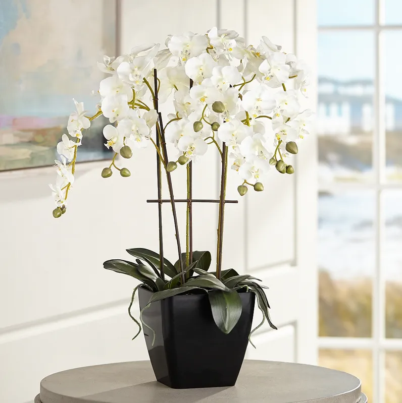 Modern Large White Faux Orchid in Black Pot