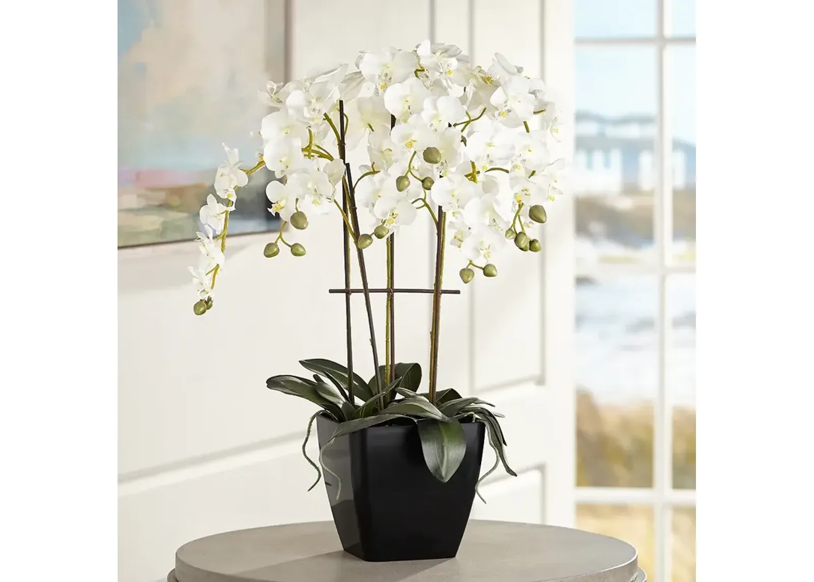 Modern Large White Faux Orchid in Black Pot