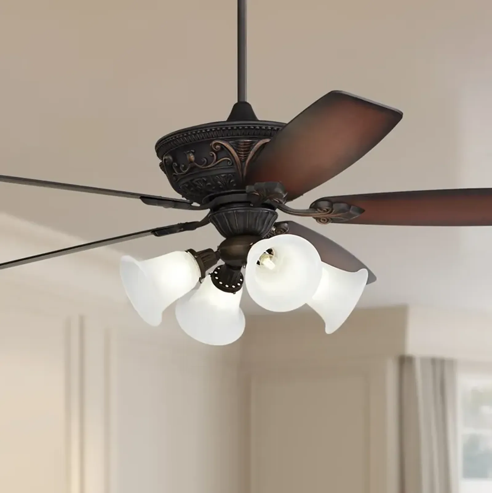 60" Casa Montego Bronze Marbleized Glass Teak LED Ceiling Fan