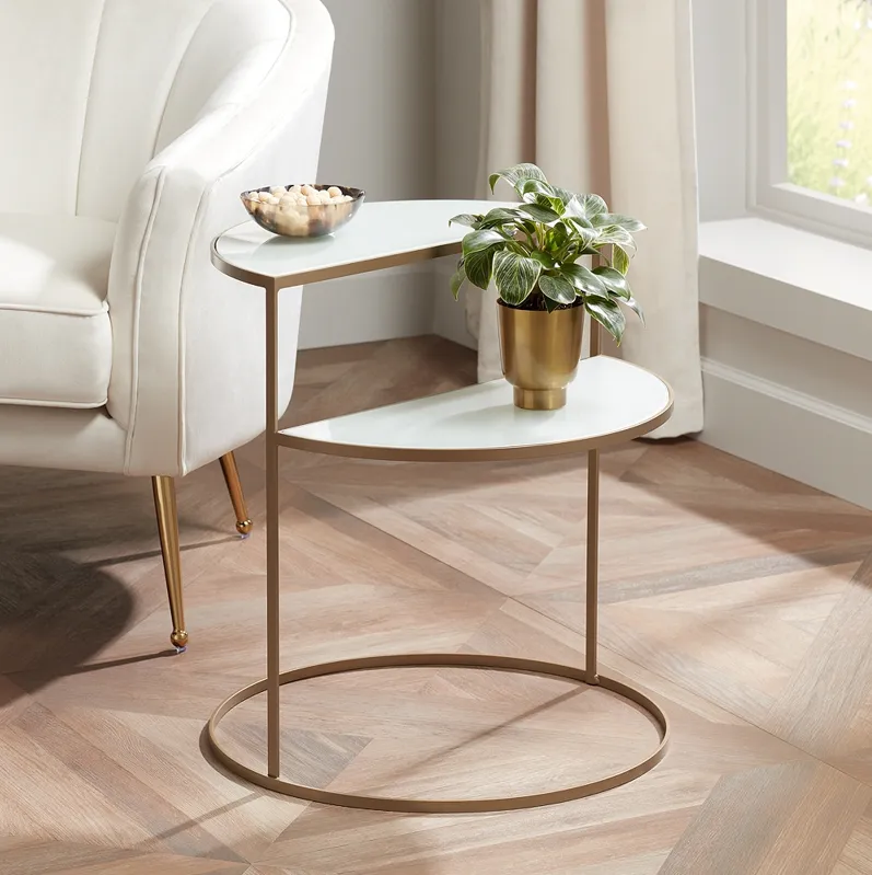 Danica 22 1/4" Wide Gold Metal and White Glass Two-Tier Side Table