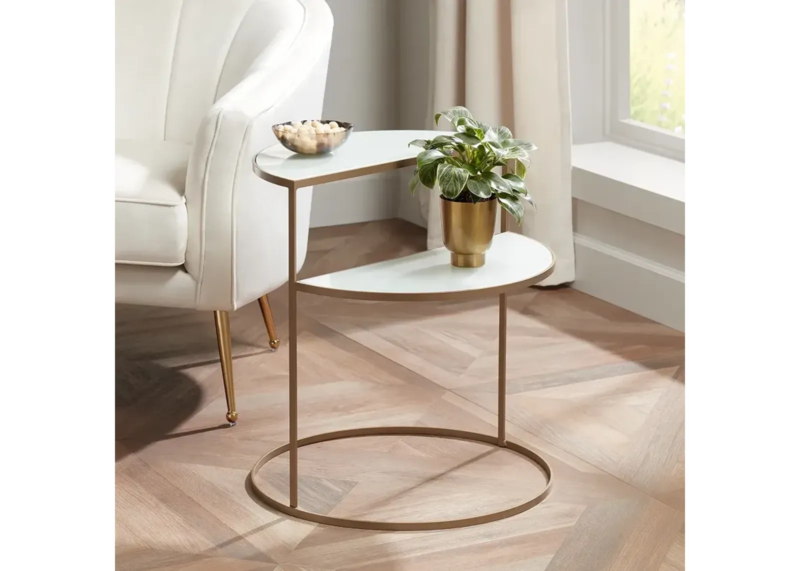 Danica 22 1/4" Wide Gold Metal and White Glass Two-Tier Side Table