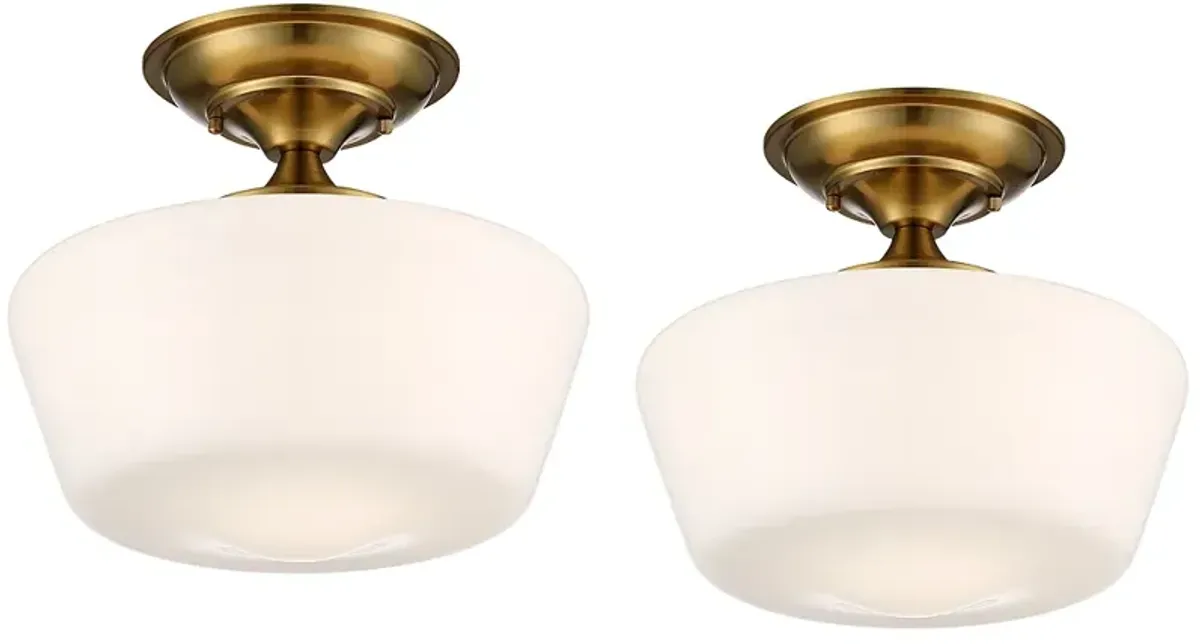 Regency Hill Schoolhouse 12" Gold and White Ceiling Lights Set of 2