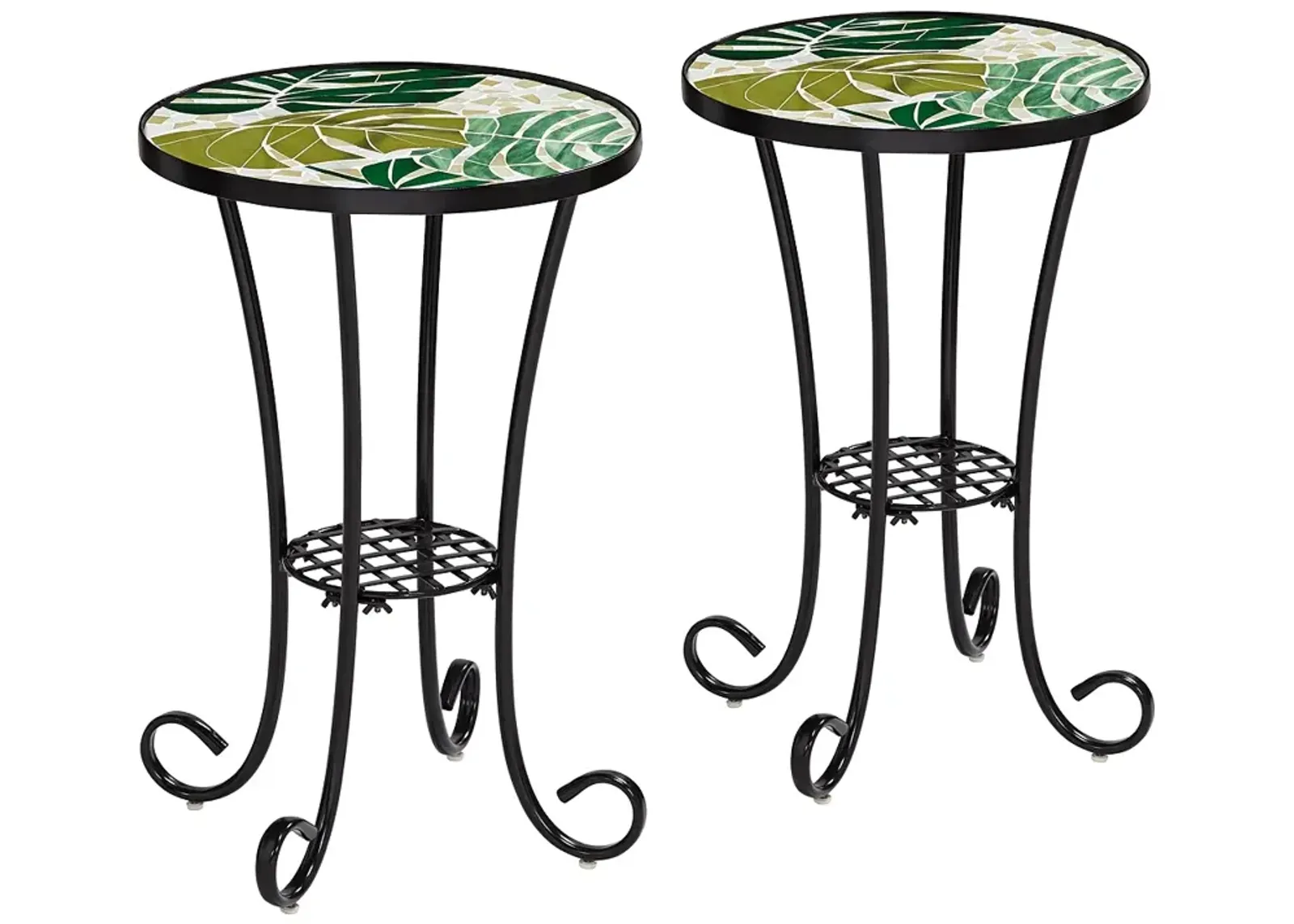 Tropical Leaves Mosaic Black Outdoor Accent Tables Set of 2