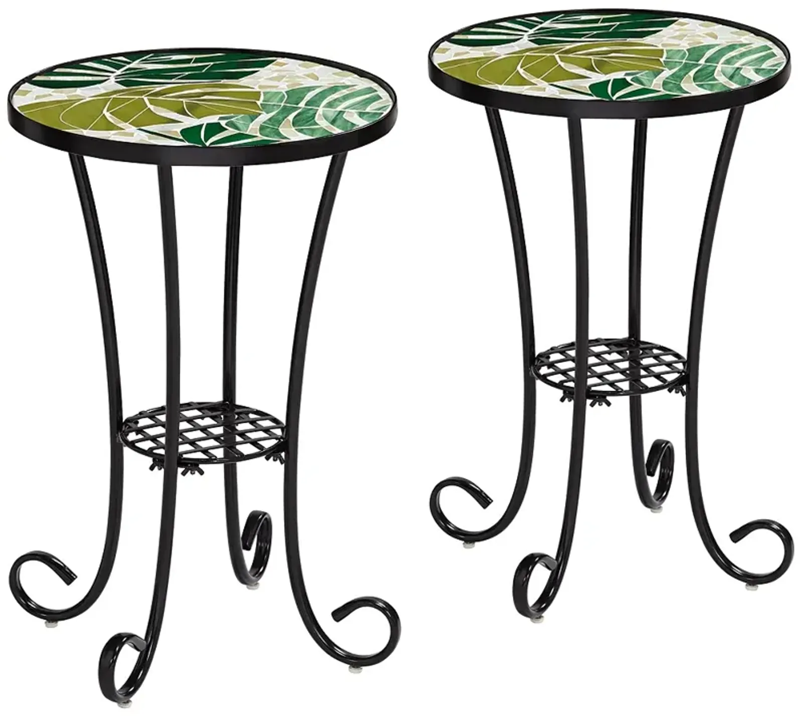 Tropical Leaves Mosaic Black Outdoor Accent Tables Set of 2