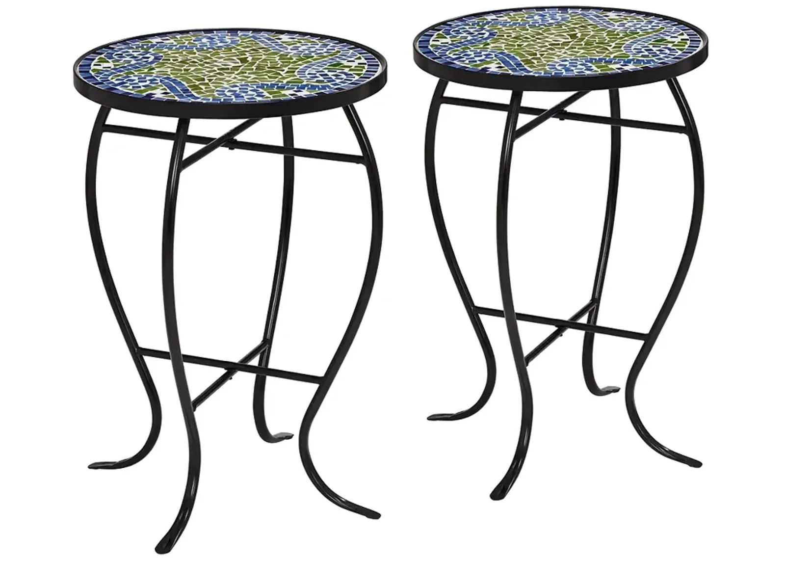 Ocean Wave Mosaic Black Iron Outdoor Accent Tables Set of 2