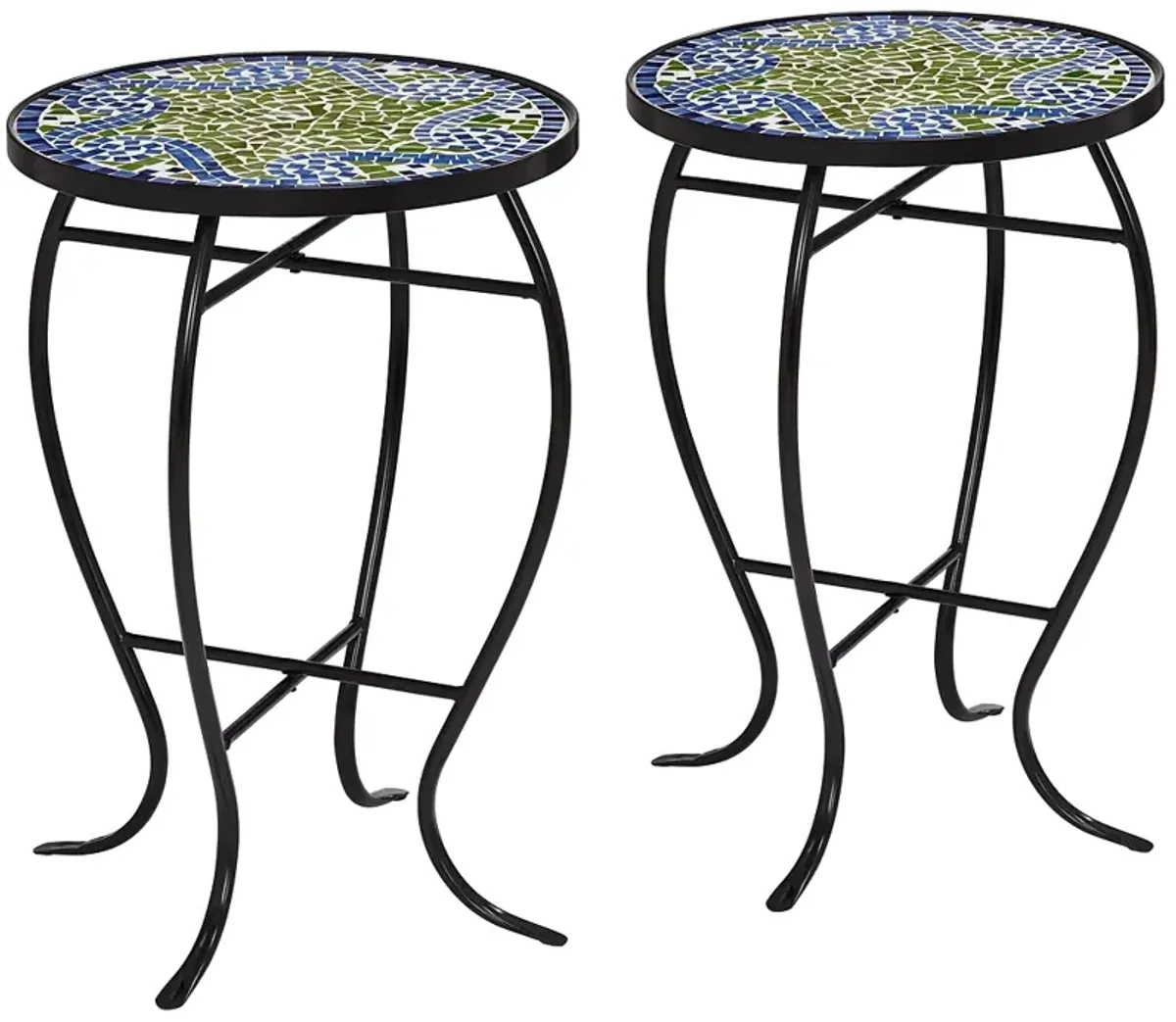 Ocean Wave Mosaic Black Iron Outdoor Accent Tables Set of 2