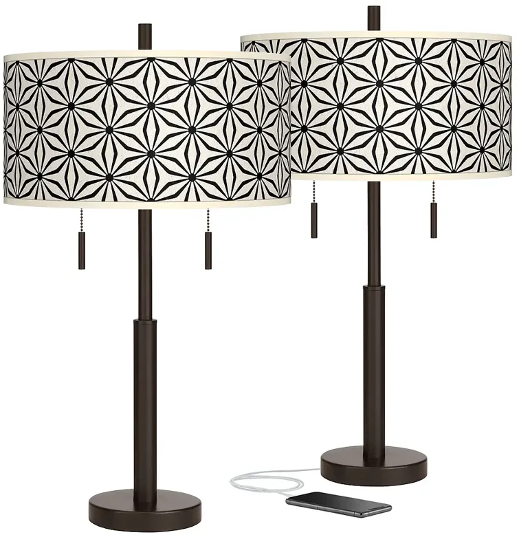 Kaleidoscope Flowers Robbie Bronze USB Table Lamps Set of 2