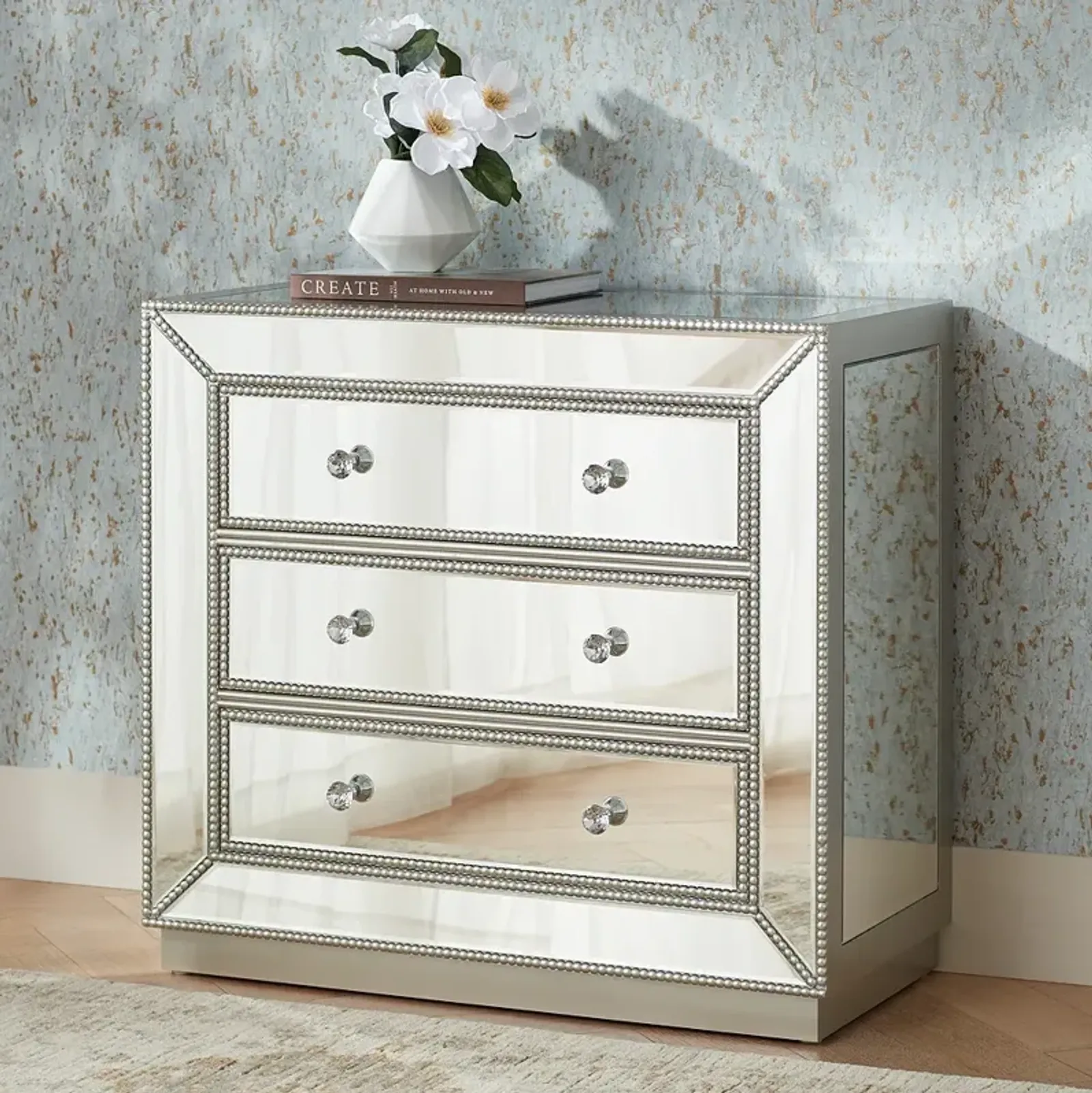 Trevi 32" Wide Mirrored Silver 3-Drawer Accent Chest