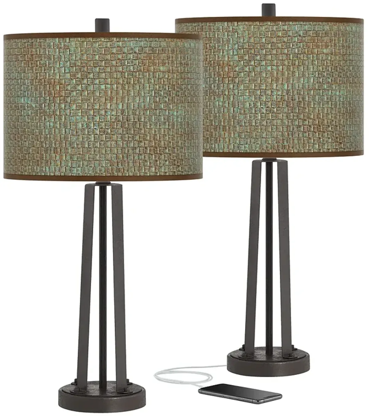 Giclee Glow Bronze 25 1/2" Interweave Patina Shade USB Lamps Set of 2