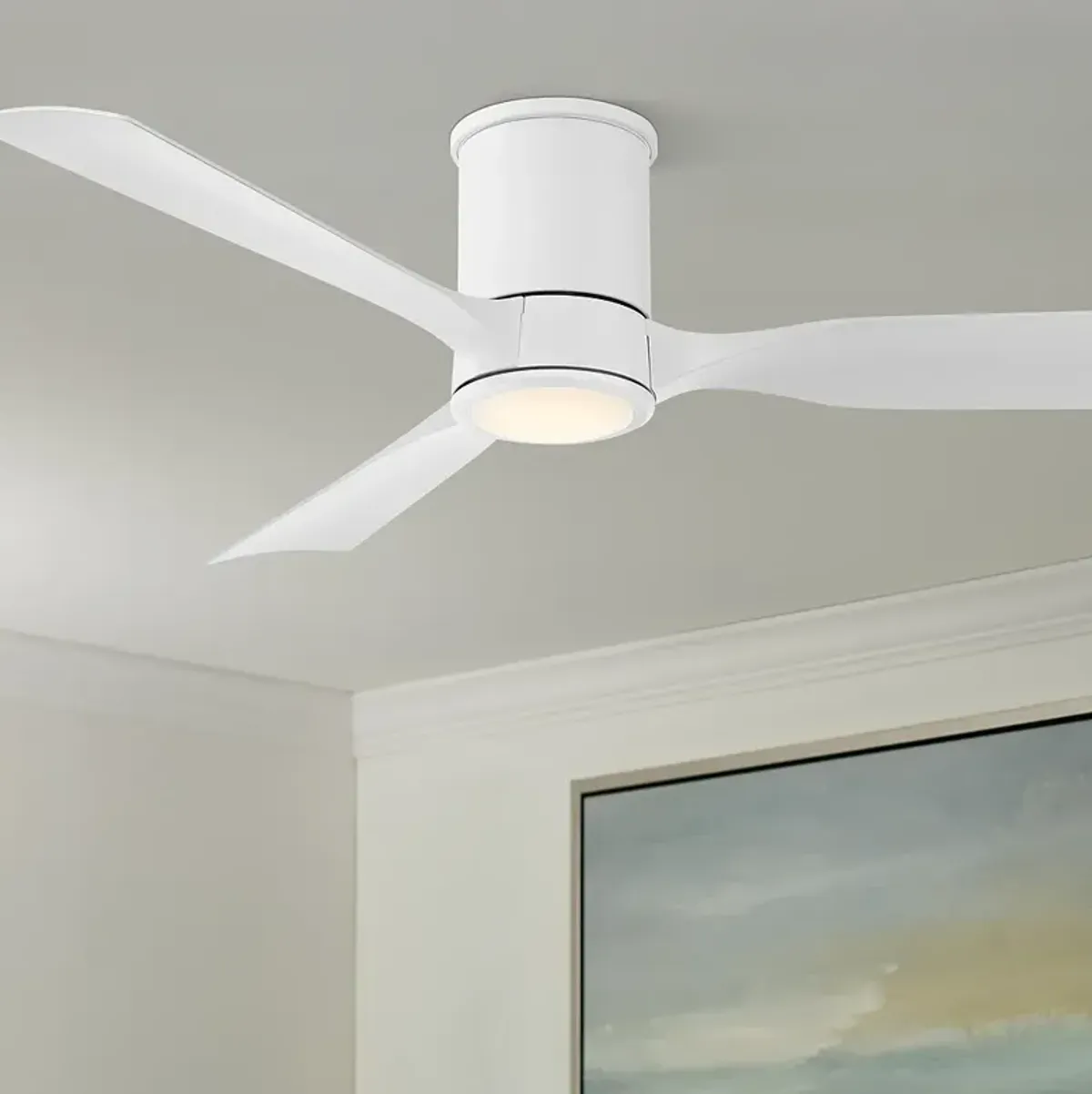 56" Casa Vieja Keel Matte White LED Damp Remote Hugger Ceiling Fan