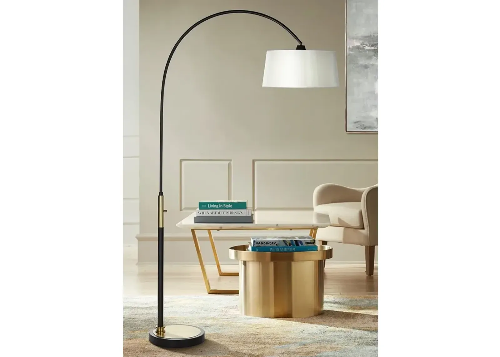 Possini Euro 80" Organza Silk and Matte Black Modern Arc Floor Lamp