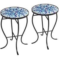 Multi Blue Mosaic Black Iron Outdoor Accent Tables Set of 2