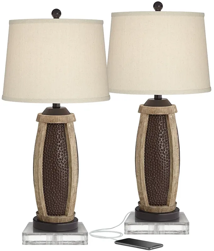 Parker Hammered Bronze USB Table Lamps With 8" Square Risers