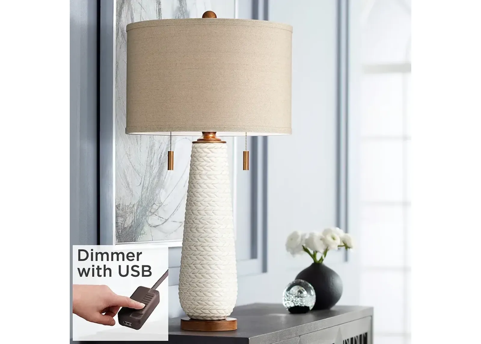 Possini Kingston White Ceramic Table Lamp with USB Table Top Dimmer