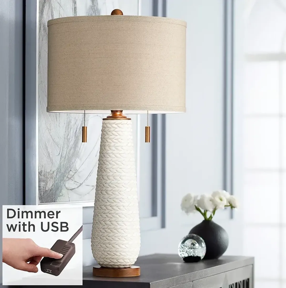 Possini Kingston White Ceramic Table Lamp with USB Table Top Dimmer