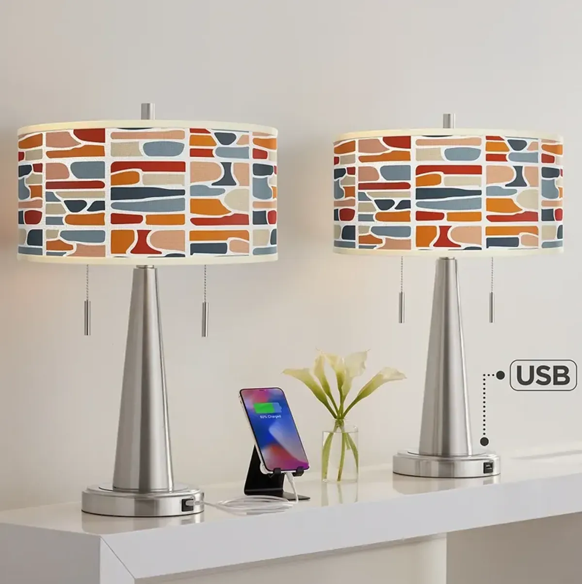 Retro Cobblestones Vicki Brushed Nickel USB Table Lamps Set of 2