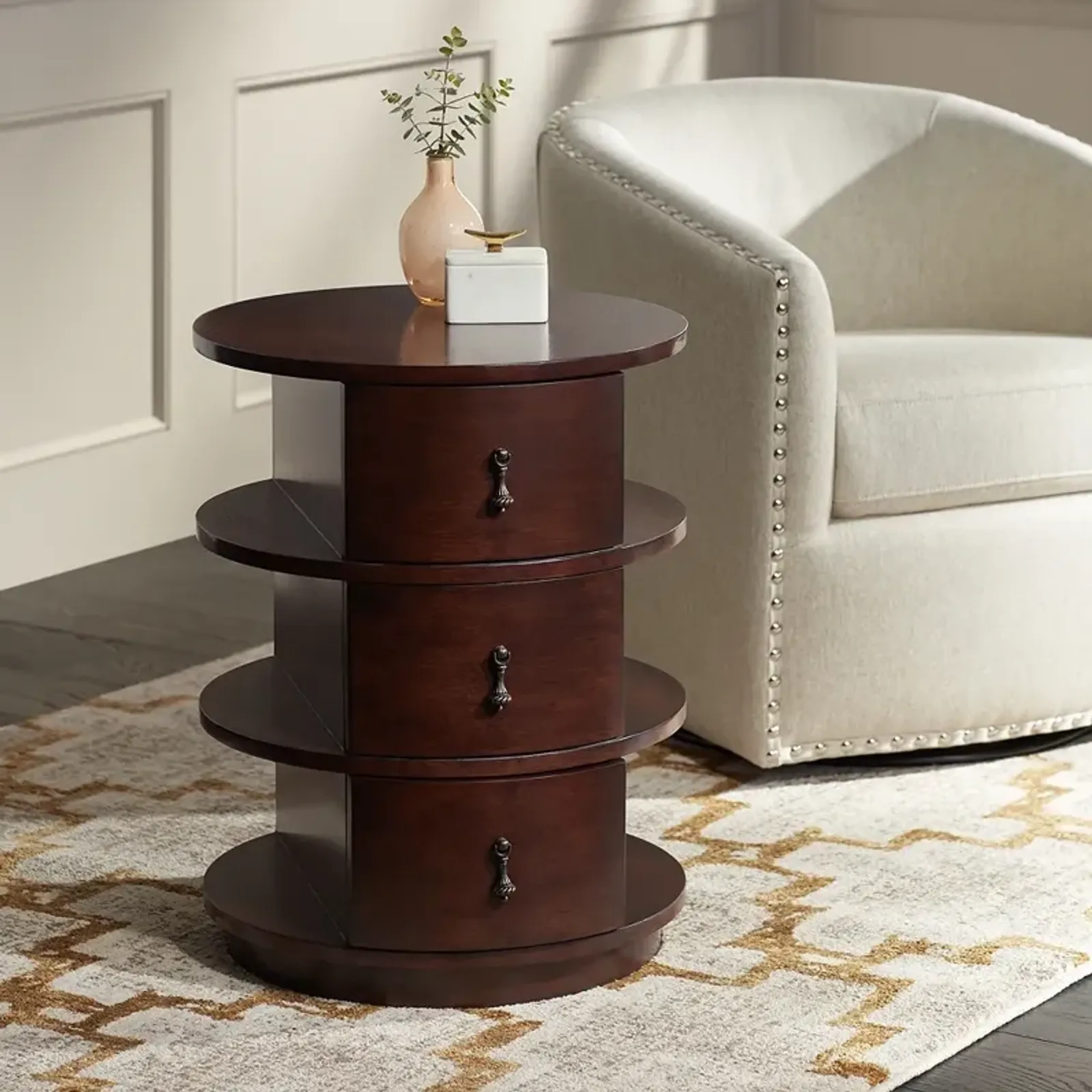 Murphy 19 3/4" Wide Walnut Round Table with Side Shelves