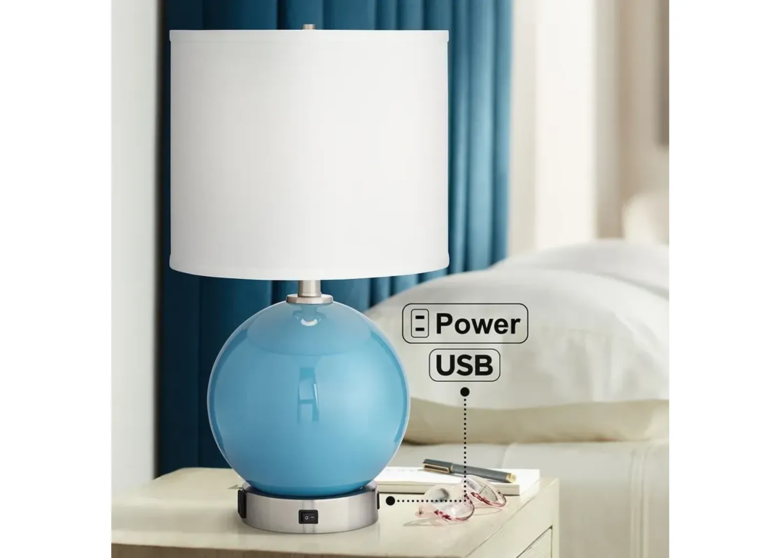 Pacific Coast Aquarius 21" Blue Glass Sphere Outlet and USB Table Lamp