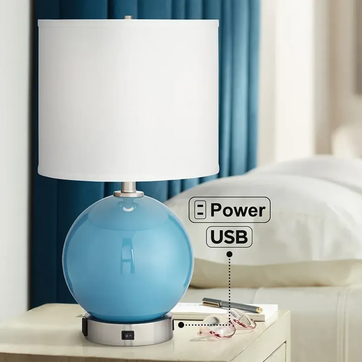 Pacific Coast Aquarius 21" Blue Glass Sphere Outlet and USB Table Lamp