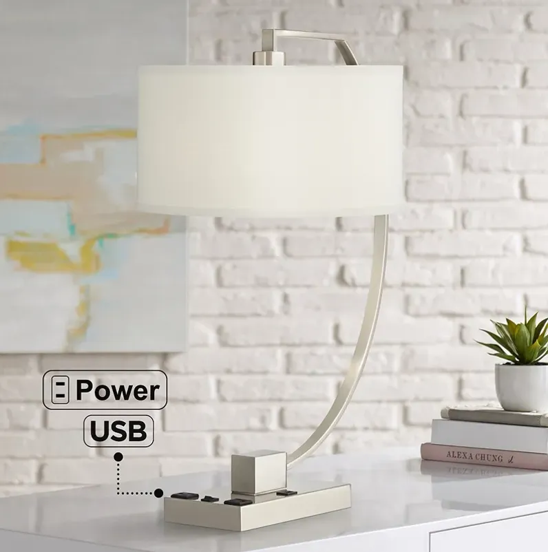 Pacific Coast Lighting Blanco Nickel Arc USB Port and Outlets Table Lamp