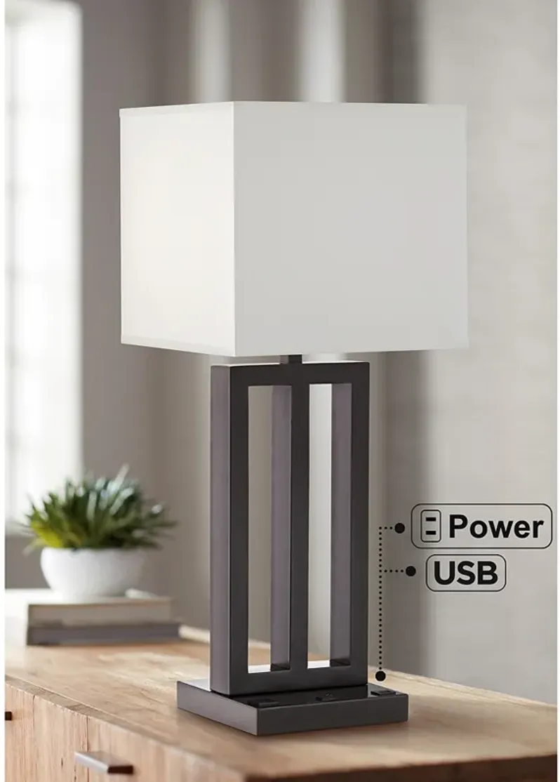 Pacific Coast Lighting Dorn Bronze Column USB Port and Outlet Table Lamp