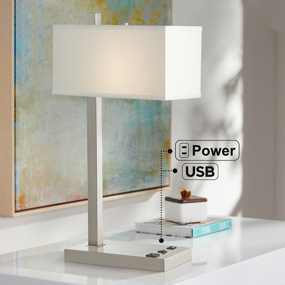Vendi Brushed Nickel Table Lamp with USB Port and Outlet