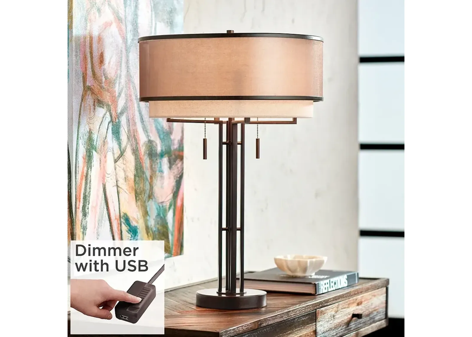 Possini Andes Bronze Double Shade Table Lamp with USB Cord Dimmer