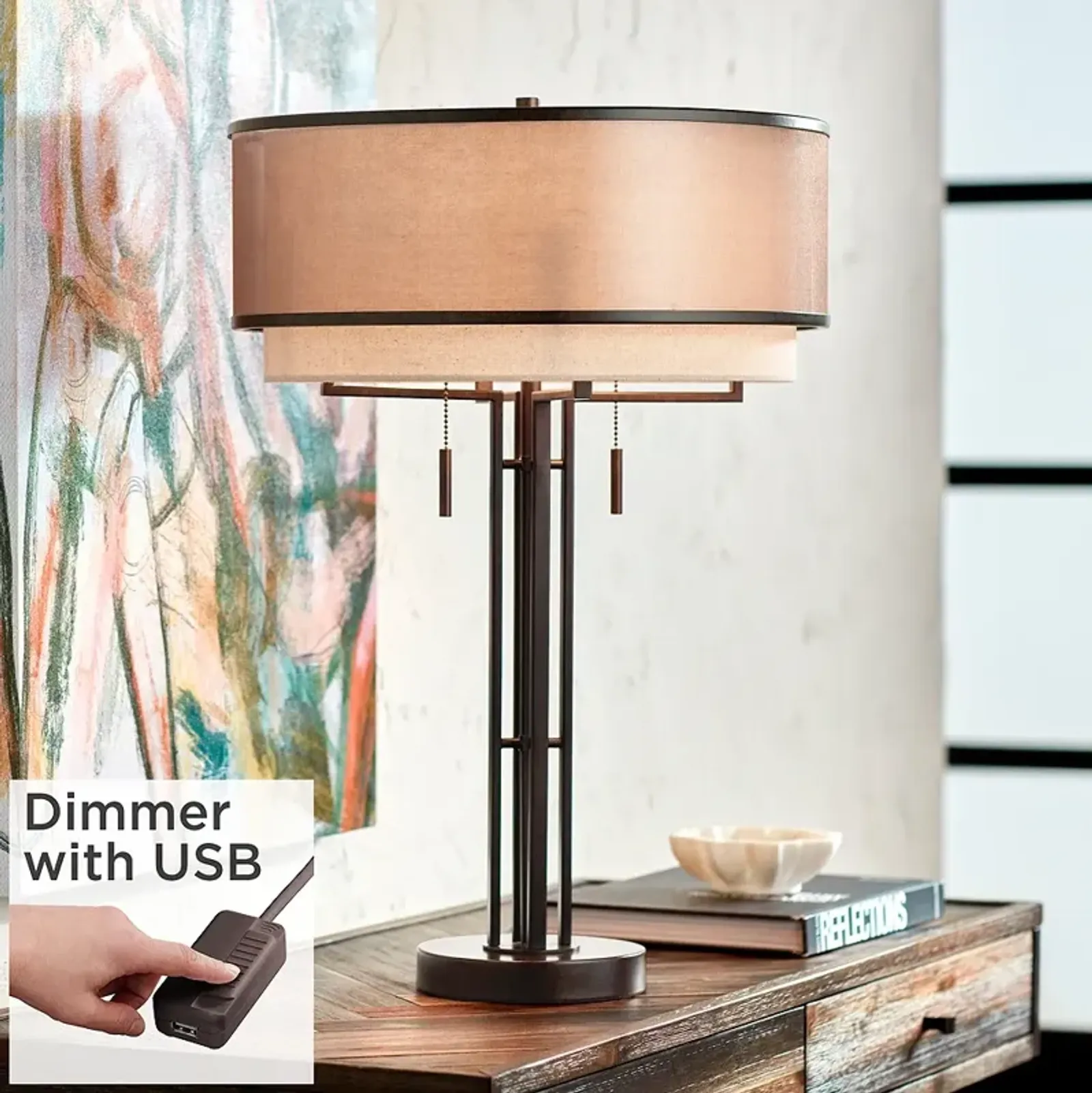 Possini Andes Bronze Double Shade Table Lamp with USB Cord Dimmer