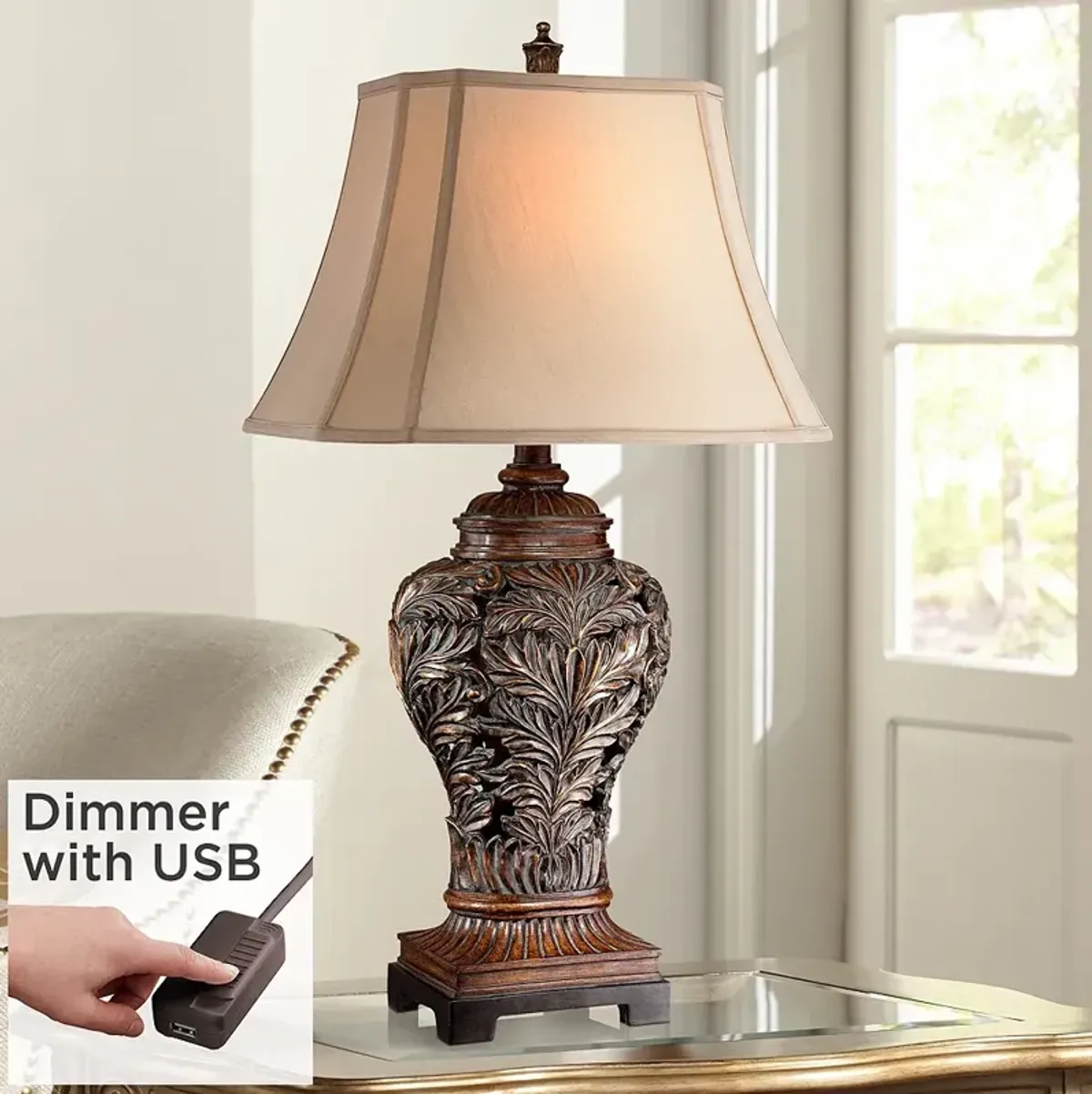 Barnes and Ivy Leafwork 32 1/2" Bronze Vase Table Lamp with USB Dimmer