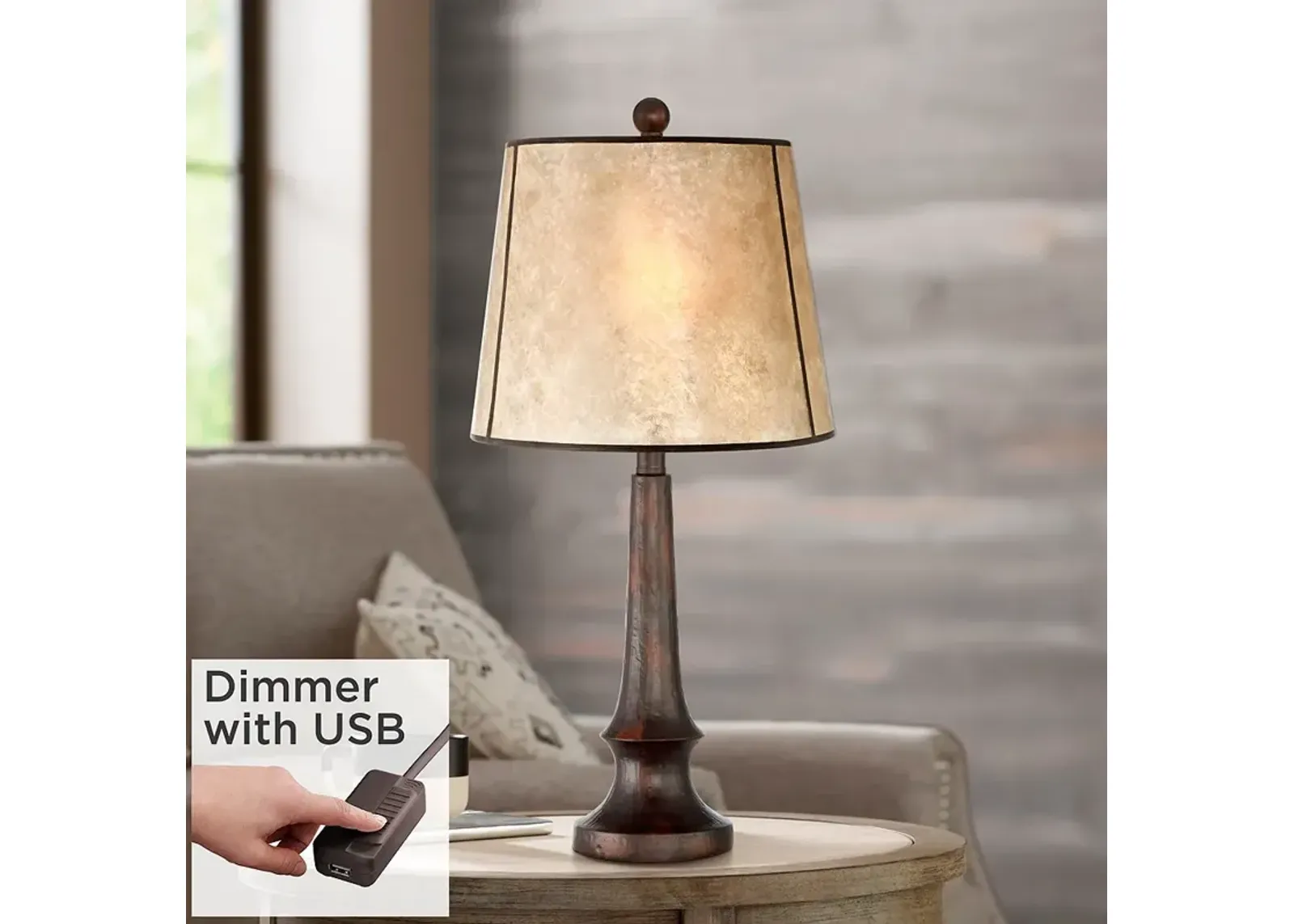 Franklin Iron Works Naomi 25" Bronze and Mica Lamp with USB Dimmer