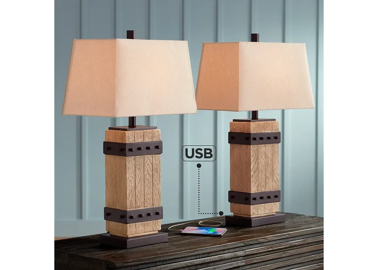 John Timberland Silas 28 1/4" Faux Wood Rustic USB Lamps Set of 2