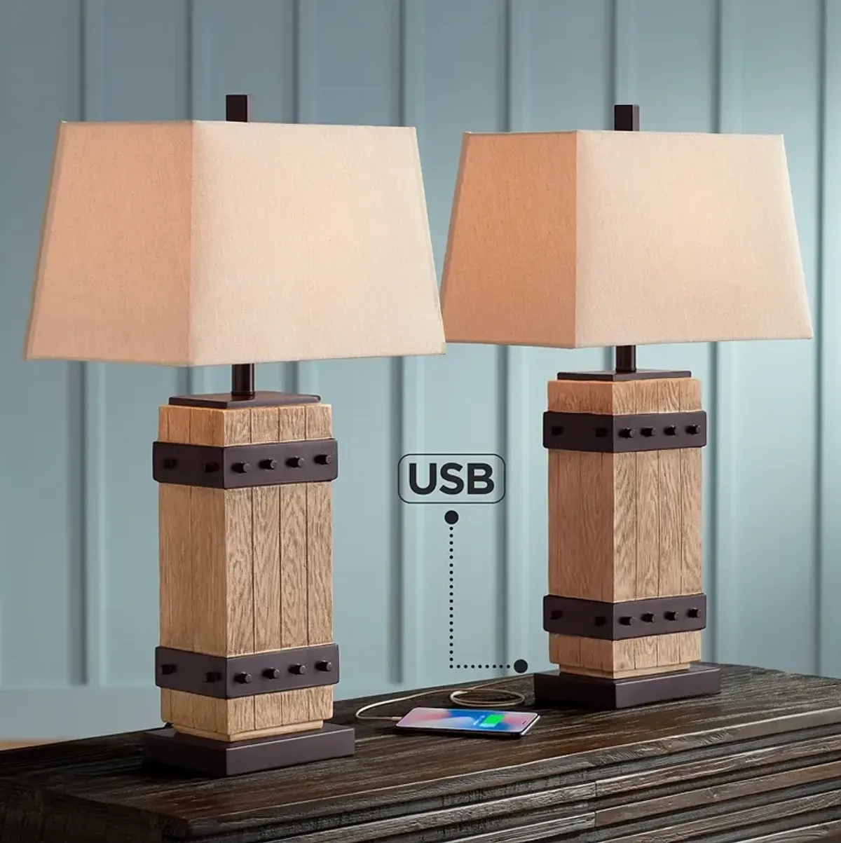 John Timberland Silas 28 1/4" Faux Wood Rustic USB Lamps Set of 2