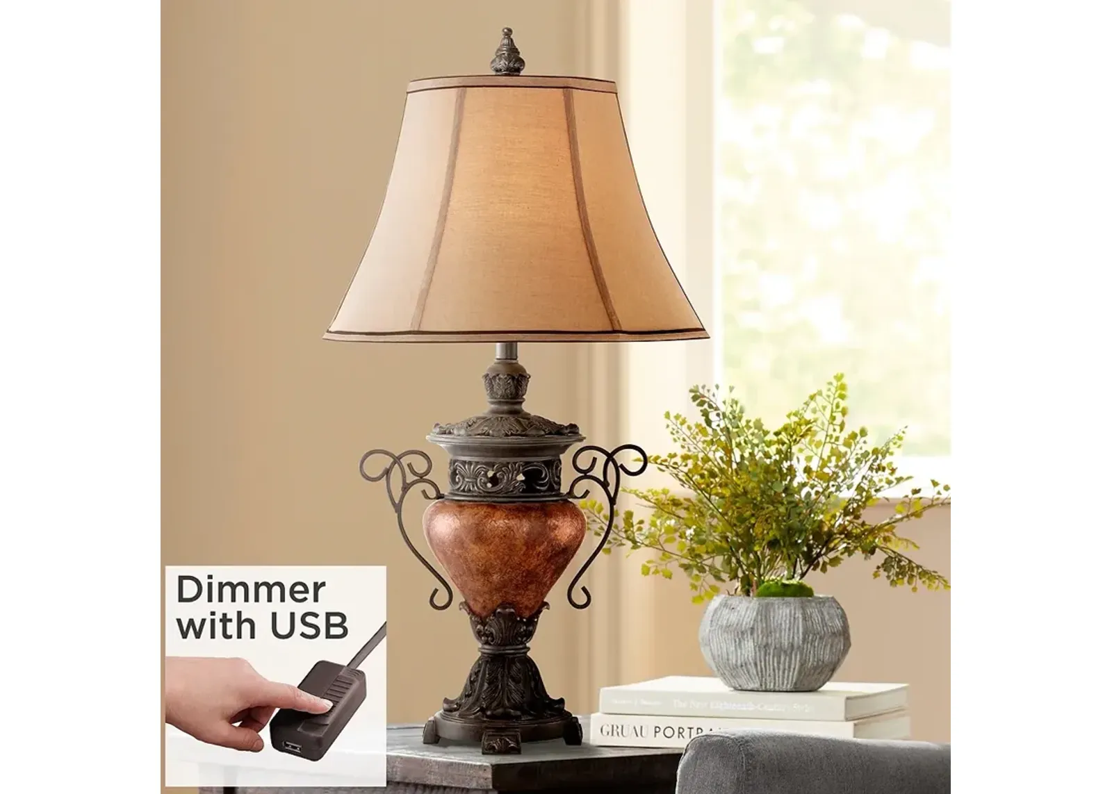 Regency Hill Bronze Crackle Traditional Urn Table Lamp with USB Cord Dimmer