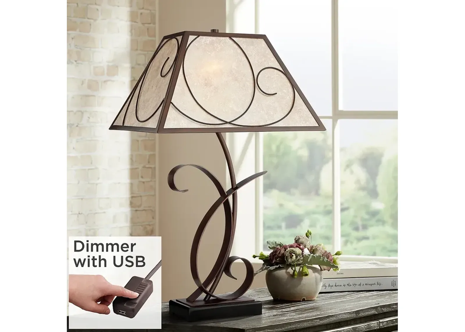 Franklin Iron Works Teri 27" Mica Shade Table Lamp with USB Dimmer