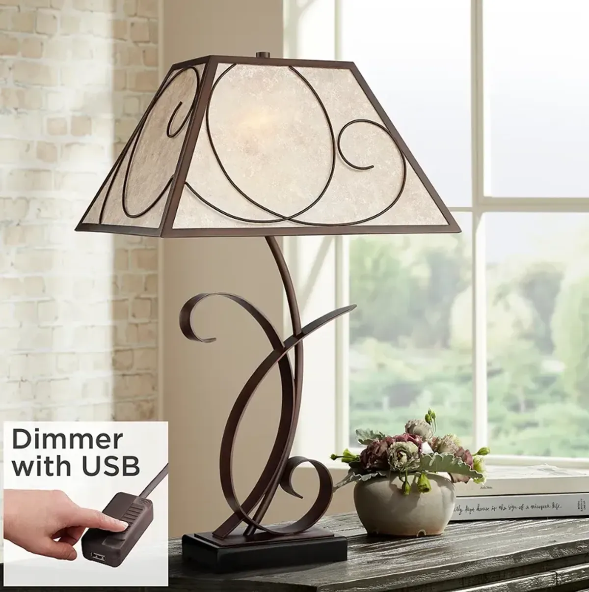 Franklin Iron Works Teri 27" Mica Shade Table Lamp with USB Dimmer