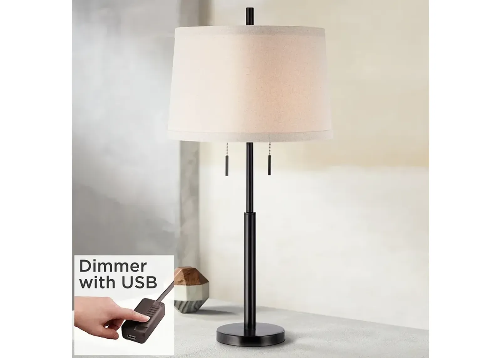 Possini Euro Design Matte Dark Bronze Stick Table Lamp with USB Cord Dimmer