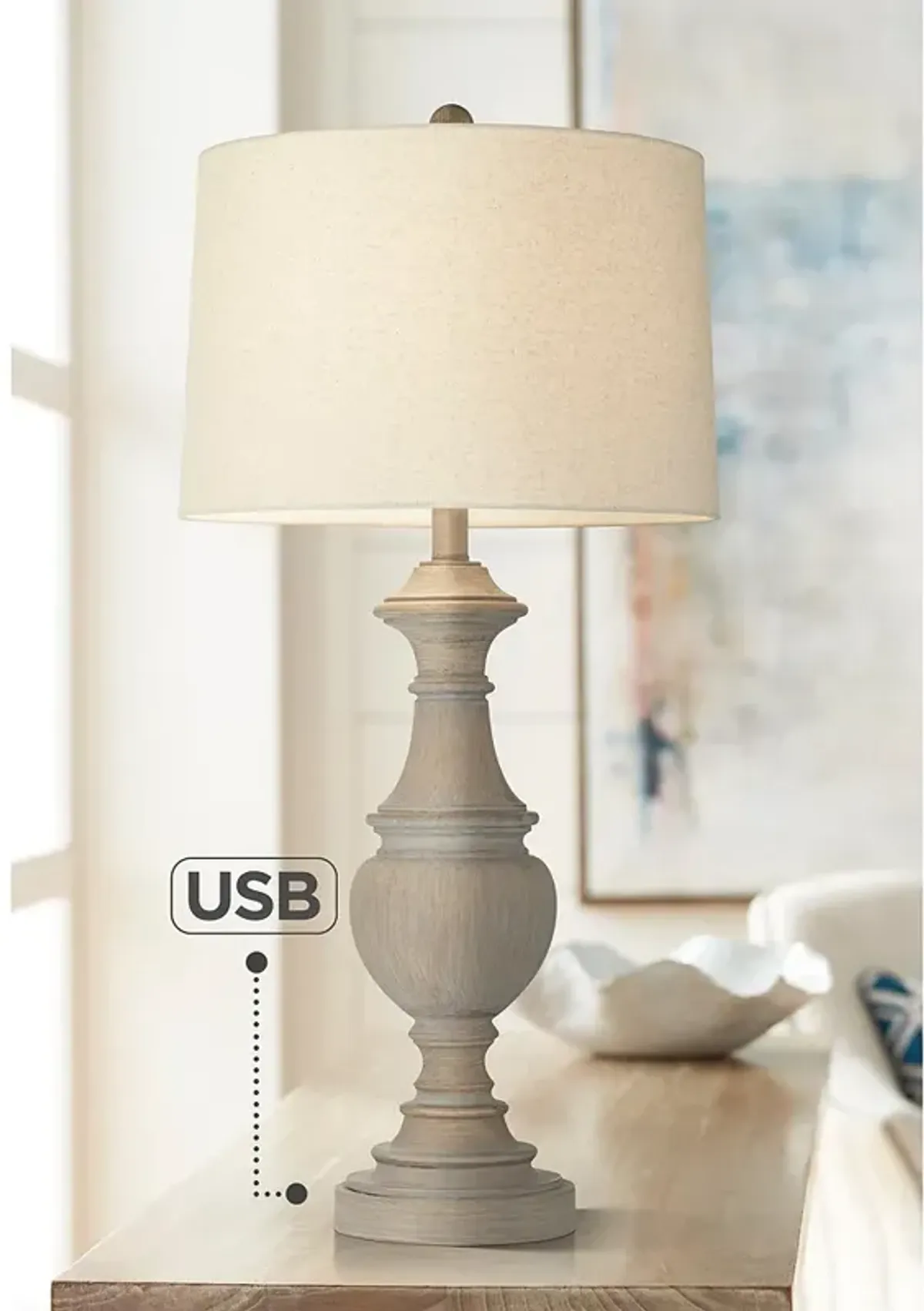 Regency Hill 30" Gray Wash Urn Traditional USB Table Lamp