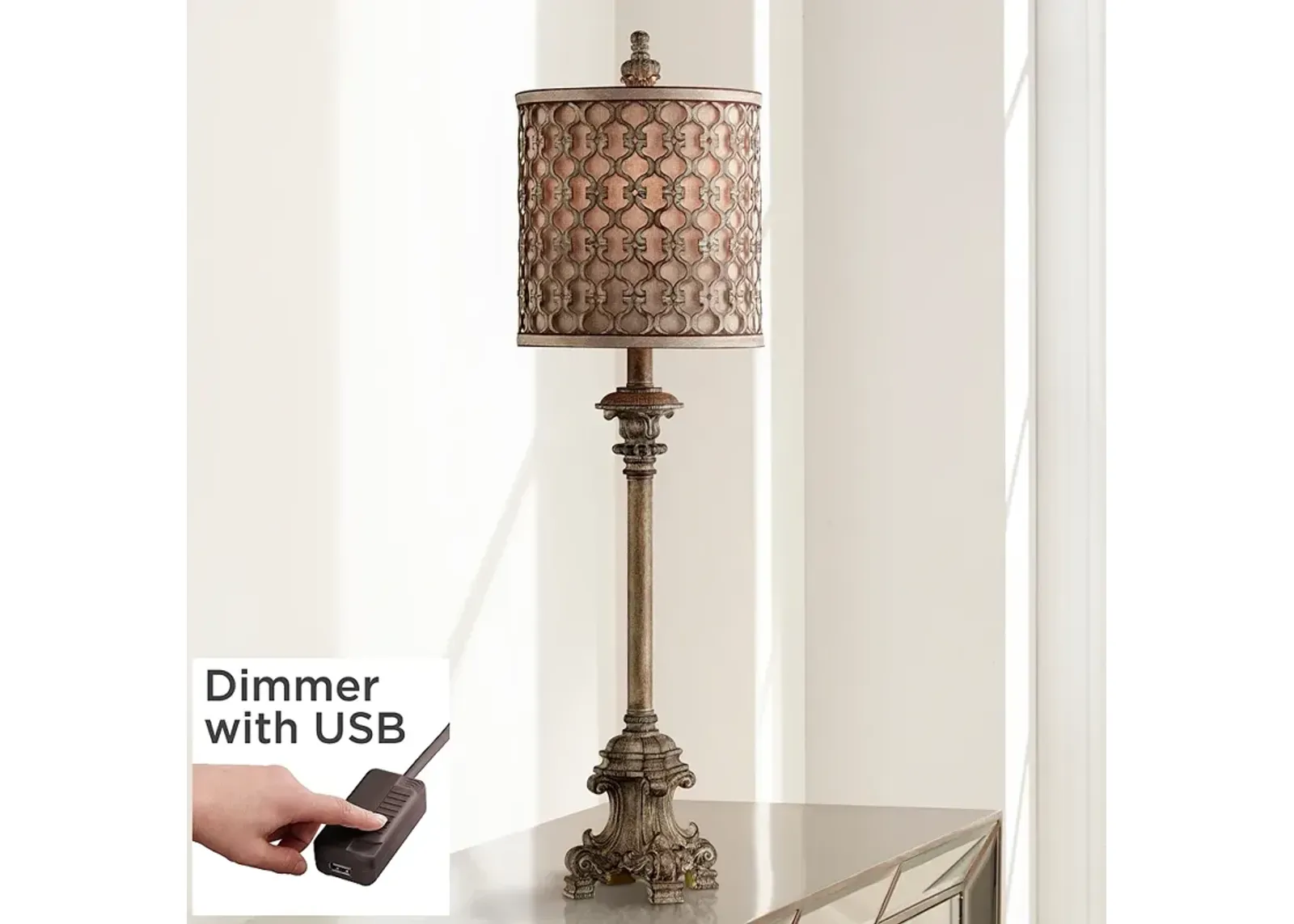 French Candlestick 34" High Buffet Table Lamp with USB Cord Dimmer