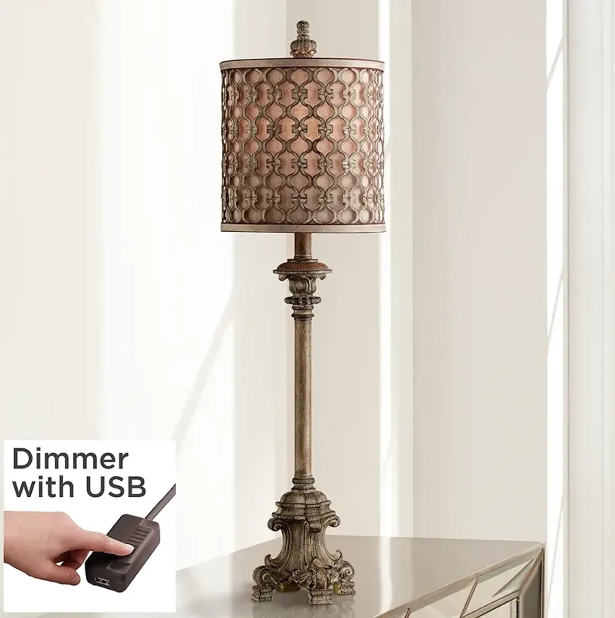 French Candlestick 34" High Buffet Table Lamp with USB Cord Dimmer