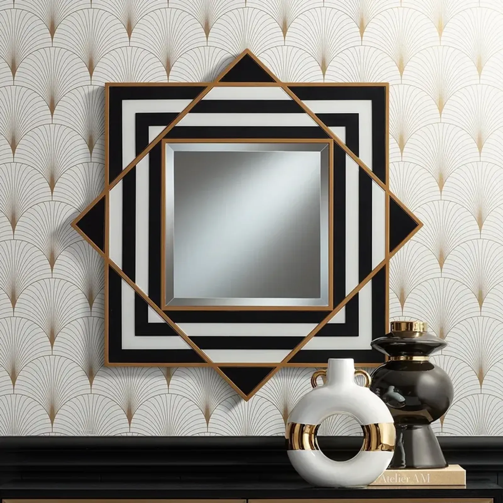 Possini Euro Zorra 36" x 36 Modern Black and White Stripe Wall Mirror