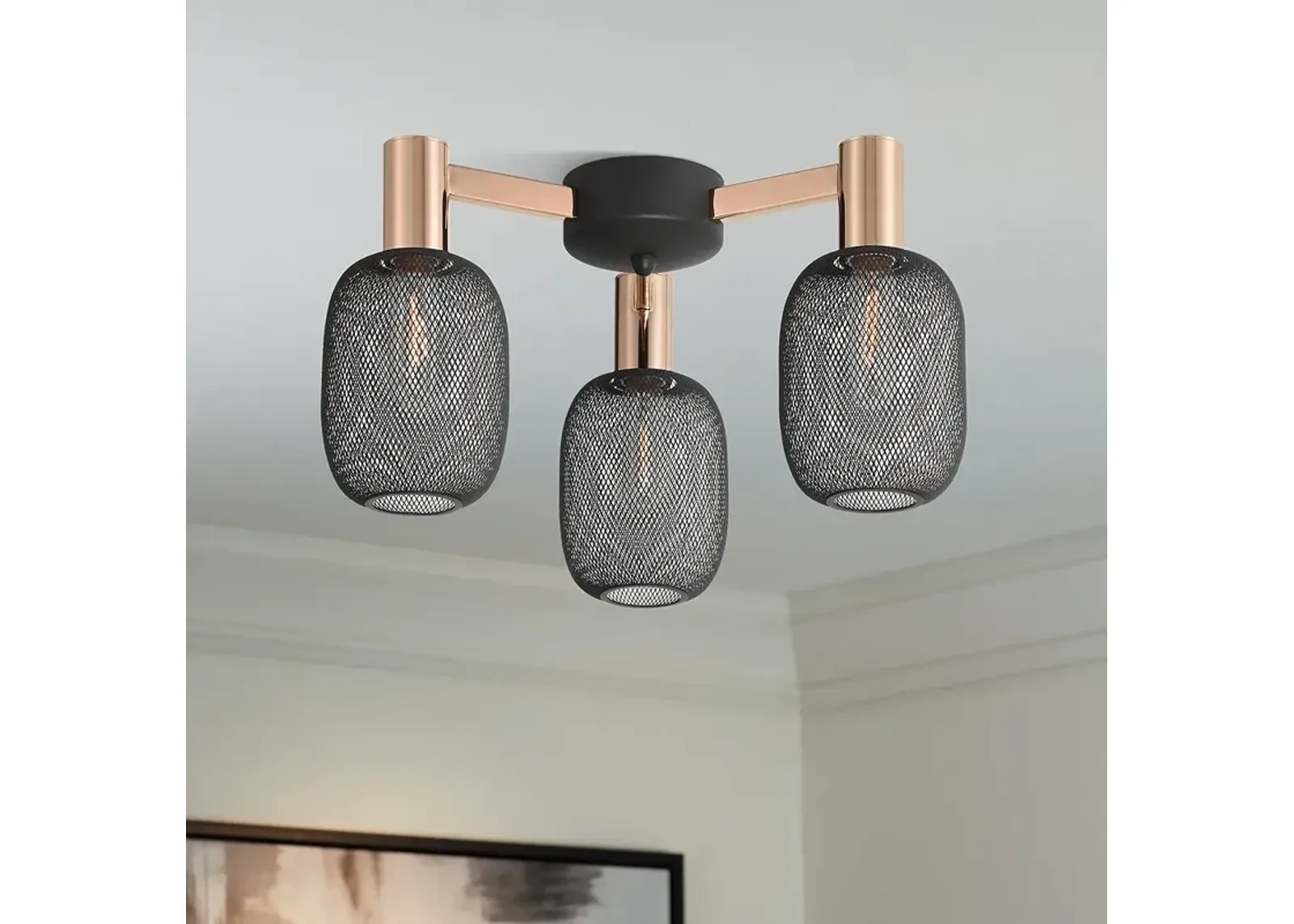 Kove 16 3/4" Wide Rose Gold Black Mesh 3-Light Ceiling Light