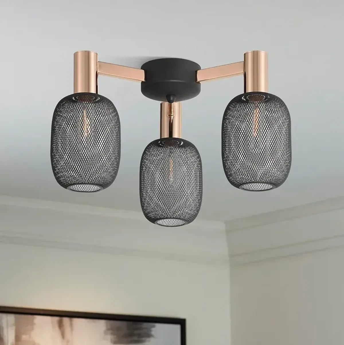 Kove 16 3/4" Wide Rose Gold Black Mesh 3-Light Ceiling Light