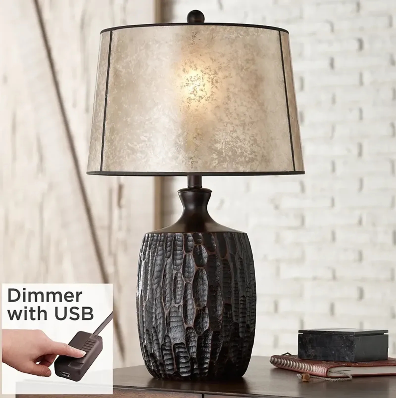 Franklin Iron Works Kelly Rustic Lamp with Mica Shade and USB Cord Dimmer