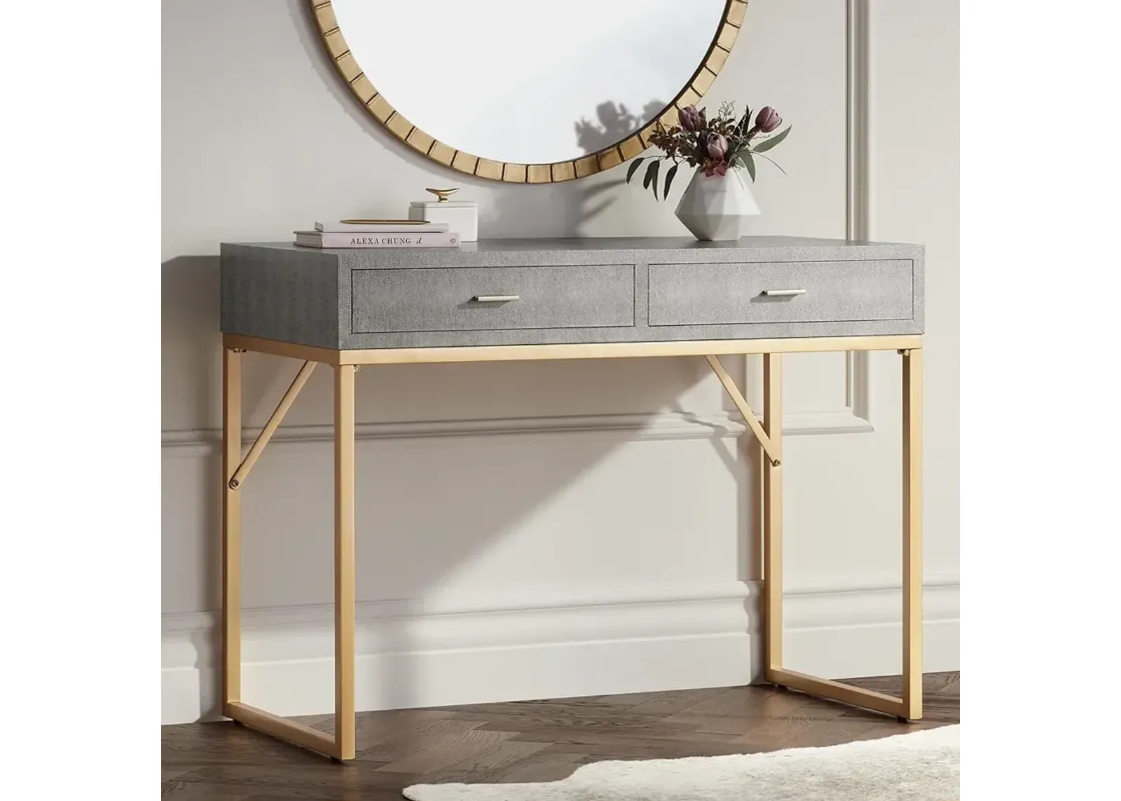 55 Downing Street Sands Point 42" Wide Gray and Gold 2-Drawer Desk