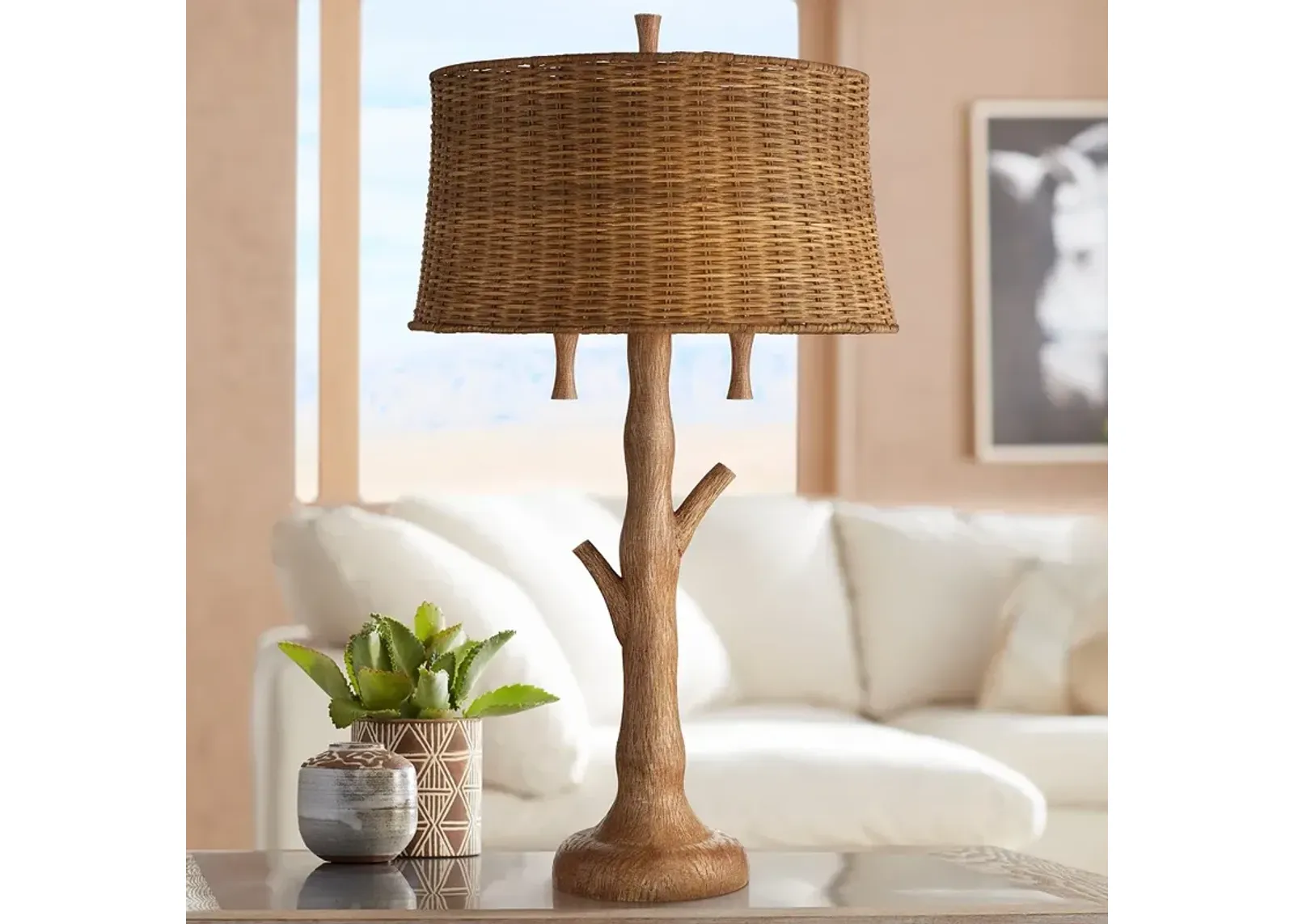 John Timberland Tree Trunk 31 1/2" Rattan Shade Rustic Table Lamp