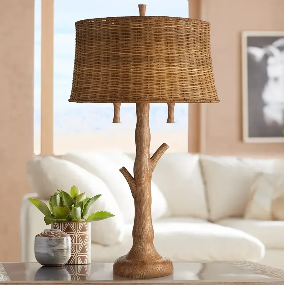 John Timberland Tree Trunk 31 1/2" Rattan Shade Rustic Table Lamp