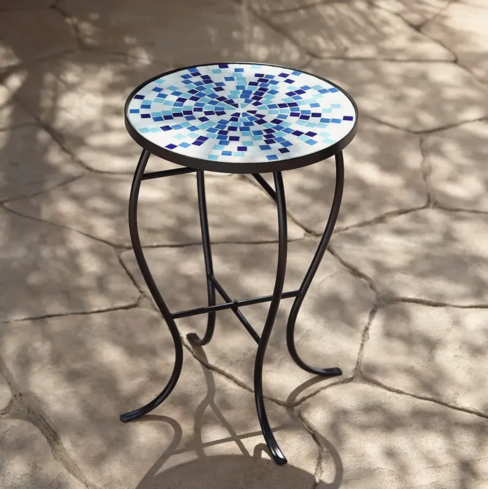 Multi Blue Mosaic Black Iron Outdoor Accent Table